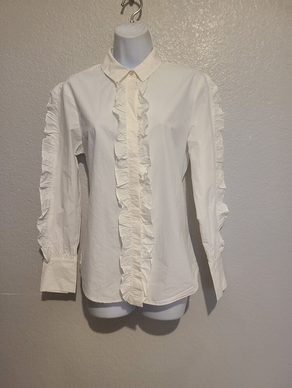 Scotch & Soda White Ruffle Front & Sleeve Button Down Cotton Tuxedo Shirt Blouse